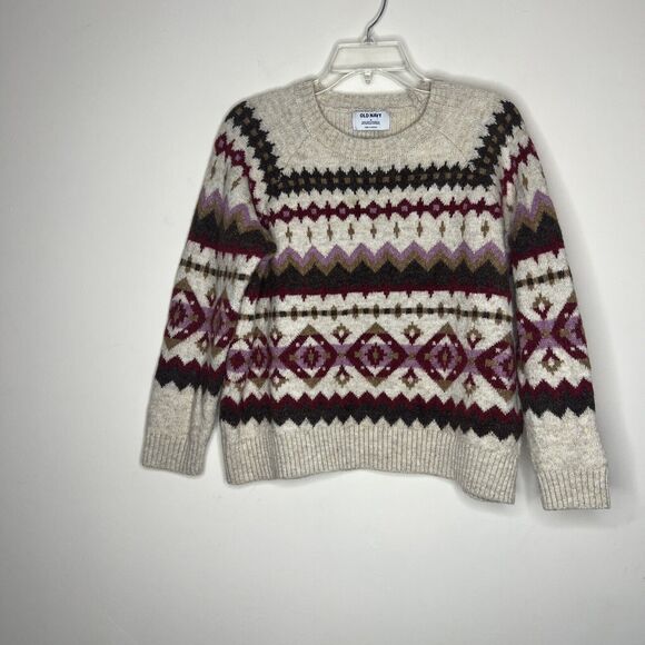 Old Navy Women’s Fair Isle Cropped Sweater Medium Pullover Crew Neck Boho Cozy - Picture 1 of 7